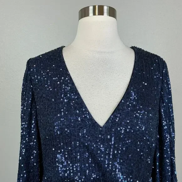 Eliza J Sequined Long Sleeve A-Line V-Neck Mini Cocktail Dress Navy Blue Size 8 - Picture 8 of 13